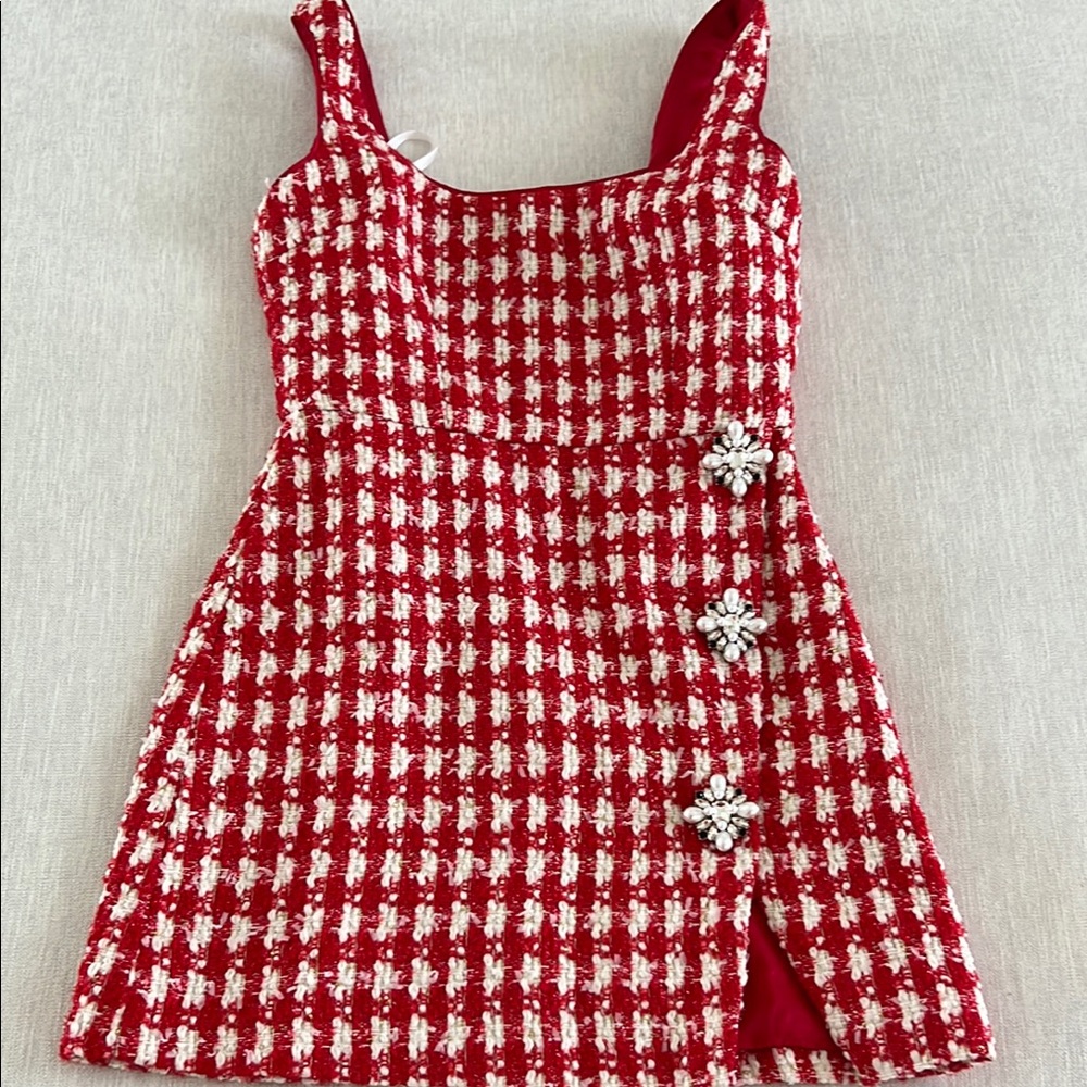 Self Portrait Checked Boucle Red White Mini Dress